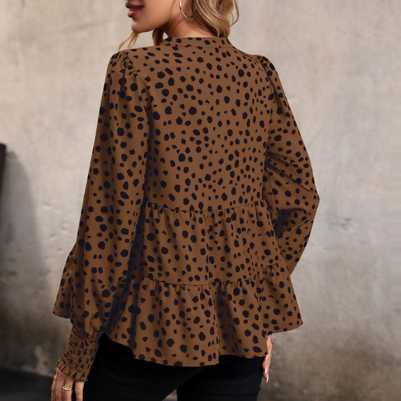 Leopard Print Peplum Blouse with Puff Sleeves