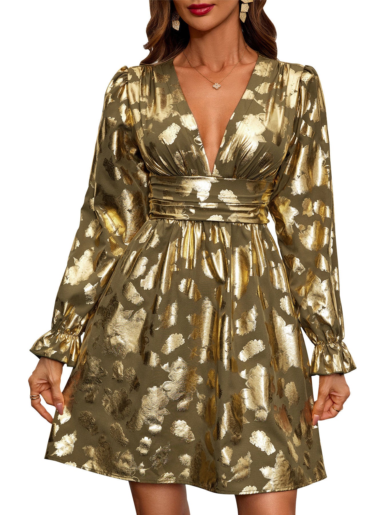 Irregular Gold Foil Mini Dress with V-Neck