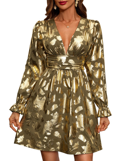 Irregular Gold Foil Mini Dress with V-Neck