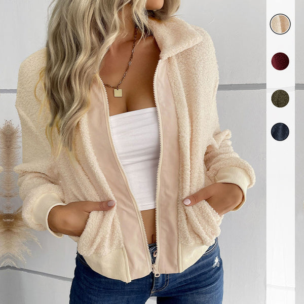 Solid Lamb Fleece Bomber Jacket with Lapel Collar