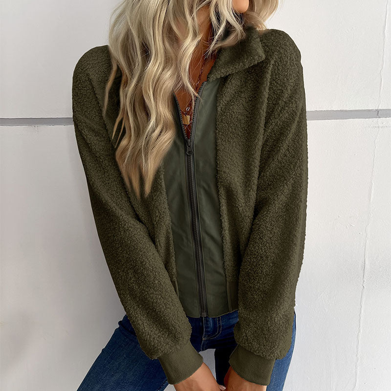 Solid Lamb Fleece Bomber Jacket with Lapel Collar