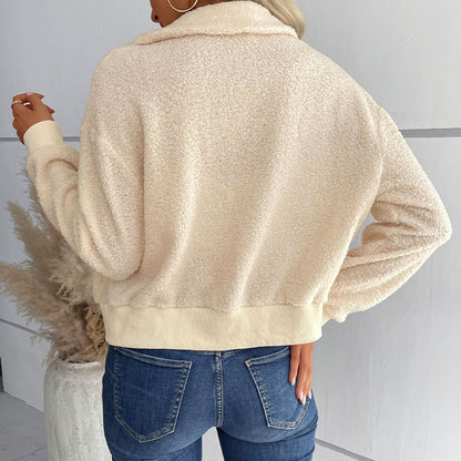 Solid Lamb Fleece Bomber Jacket with Lapel Collar