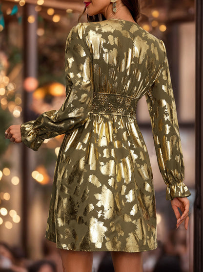 Irregular Gold Foil Mini Dress with V-Neck