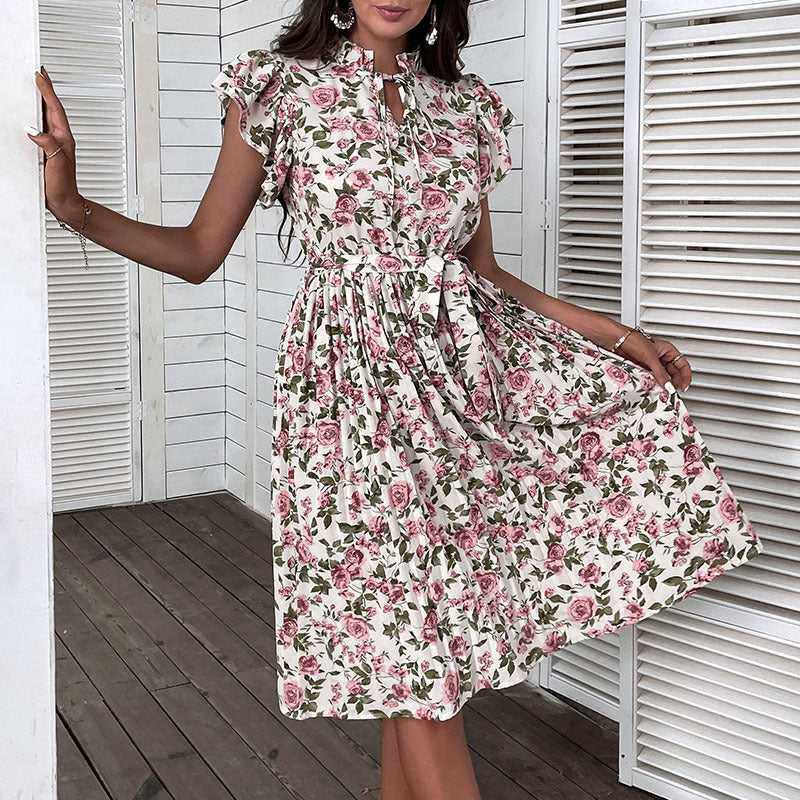 Floral A-Line Midi Dress with Stand Collar and Ruffle Sleeves