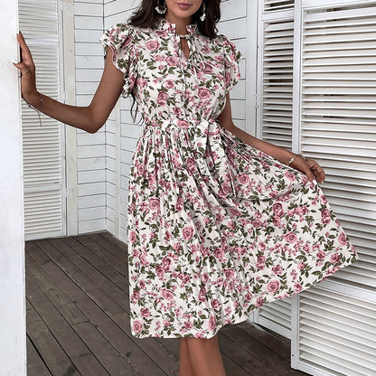 Floral A-Line Midi Dress with Stand Collar and Ruffle Sleeves
