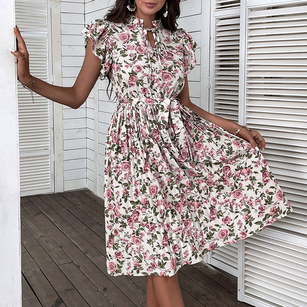 Floral A-Line Midi Dress with Stand Collar and Ruffle Sleeves
