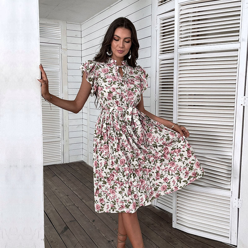 Floral A-Line Midi Dress with Stand Collar and Ruffle Sleeves