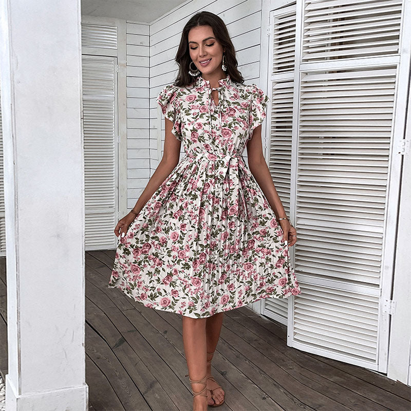 Floral A-Line Midi Dress with Stand Collar and Ruffle Sleeves