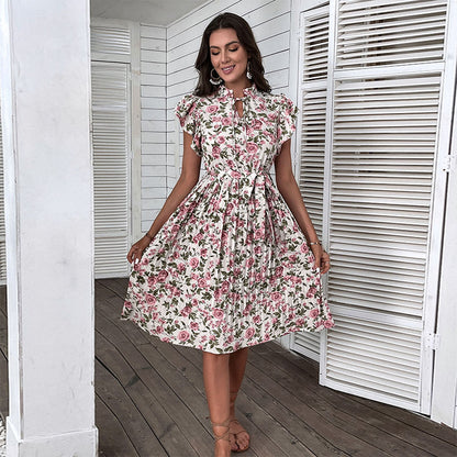 Floral A-Line Midi Dress with Stand Collar and Ruffle Sleeves