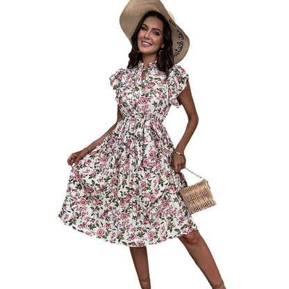 Floral A-Line Midi Dress with Stand Collar and Ruffle Sleeves
