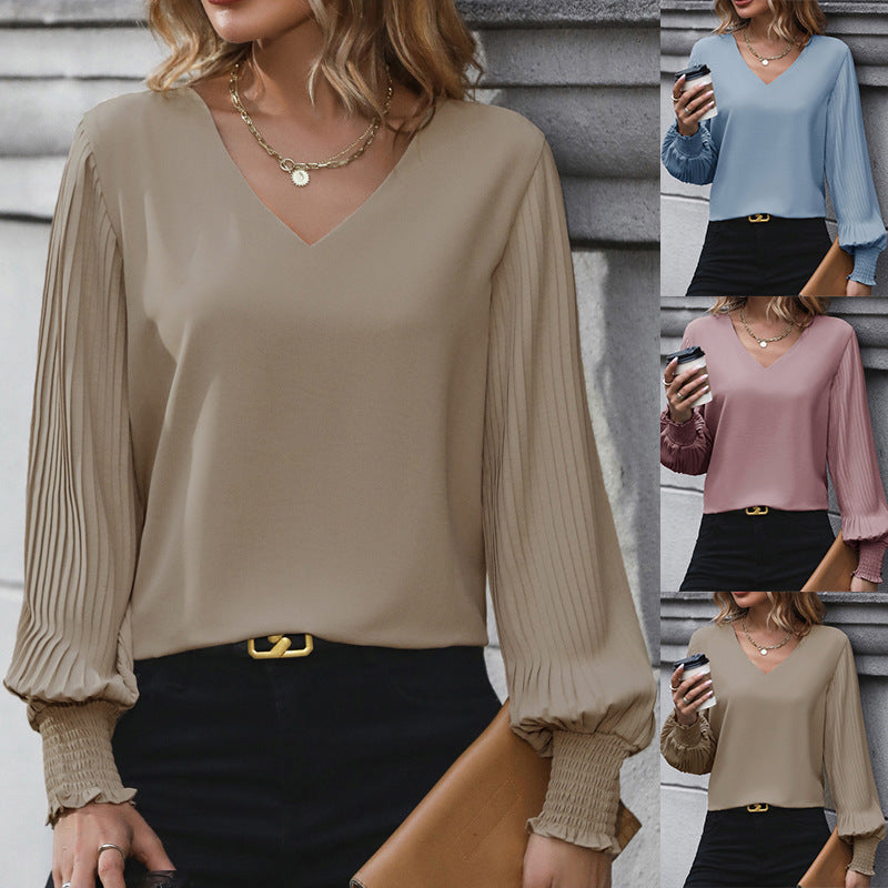 Solid V-Neck Blouse with Pleated Lantern Sleeves