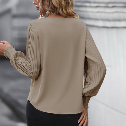 Solid V-Neck Blouse with Pleated Lantern Sleeves