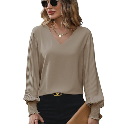 Solid V-Neck Blouse with Pleated Lantern Sleeves