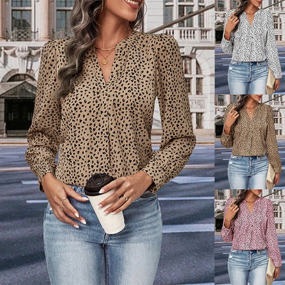 Leopard Print Blouse with Long Sleeves and V-Neck