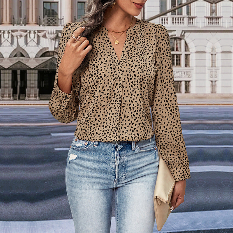 Leopard Print Blouse with Long Sleeves and V-Neck
