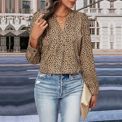 Leopard Print Blouse with Long Sleeves and V-Neck
