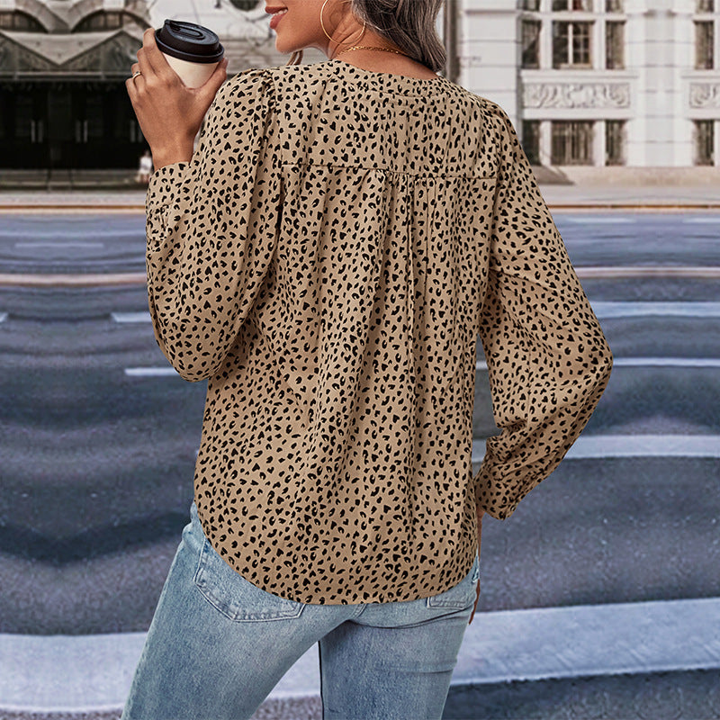 Leopard Print Blouse with Long Sleeves and V-Neck