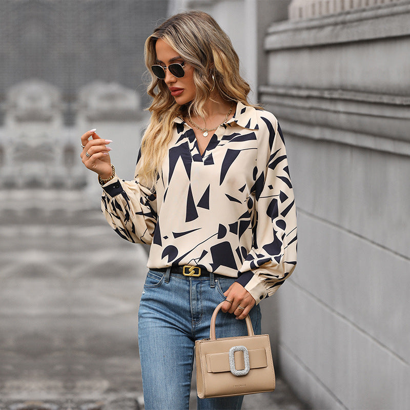 Abstract Geometric Print Blouse with Lapel and Lantern Sleeves