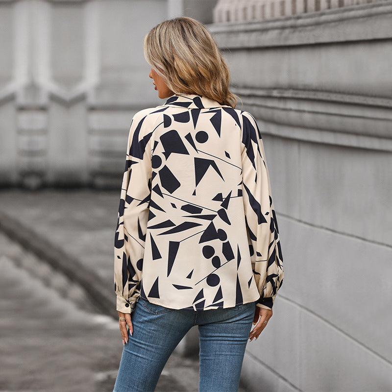 Abstract Geometric Print Blouse with Lapel and Lantern Sleeves