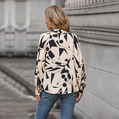 Abstract Geometric Print Blouse with Lapel and Lantern Sleeves