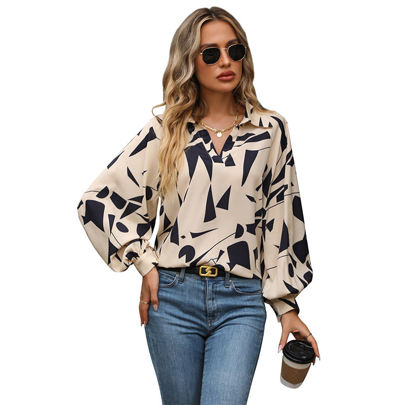 Abstract Geometric Print Blouse with Lapel and Lantern Sleeves