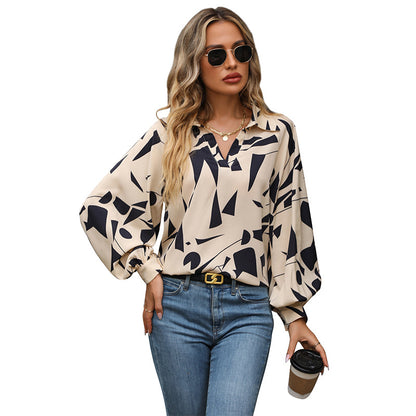 Abstract Geometric Print Blouse with Lapel and Lantern Sleeves