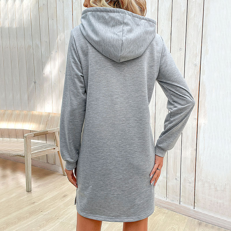 Hooded Sweatshirt Dress with Striped Drawstrings