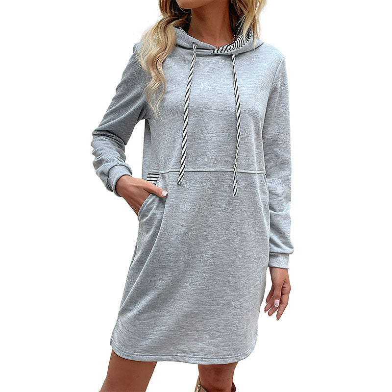 Hooded Sweatshirt Dress with Striped Drawstrings