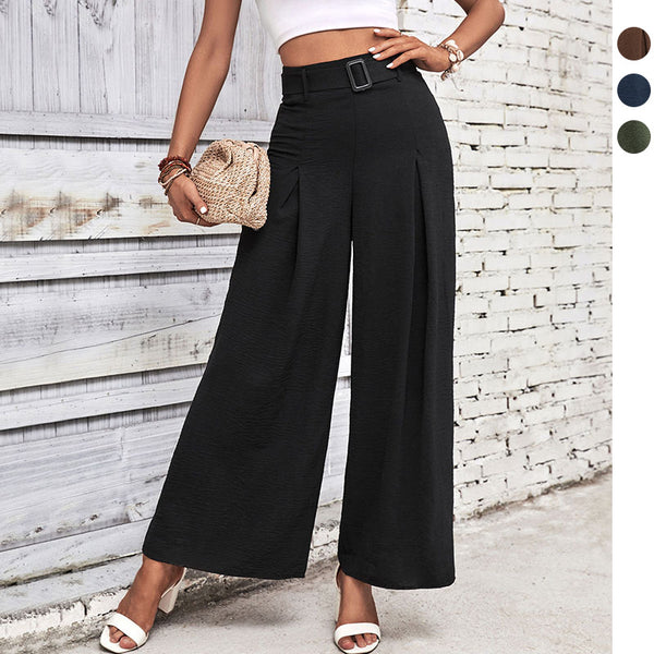 Draped Wide-Leg Trousers with Belted High Waist
