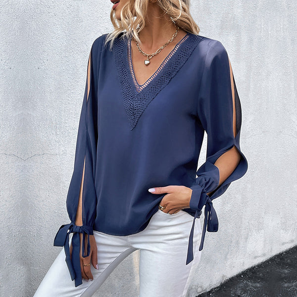 Solid Blouse with Crochet V-Neck, Cut-Out Sleeves and Tie-Cuffs