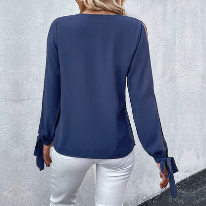 Solid Blouse with Crochet V-Neck, Cut-Out Sleeves and Tie-Cuffs