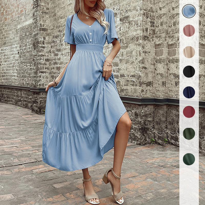 Solid A-Line Midi Dress with V-Neck, Shirred Waist, and Tiered Skirt