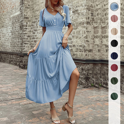 Solid A-Line Midi Dress with V-Neck, Shirred Waist, and Tiered Skirt
