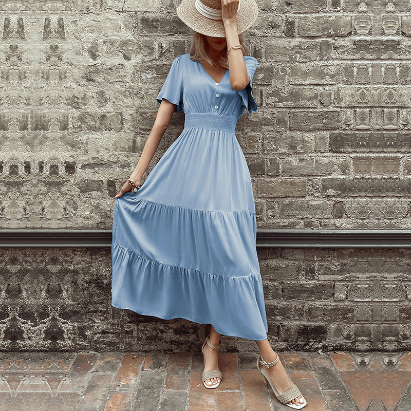 Solid A-Line Midi Dress with V-Neck, Shirred Waist, and Tiered Skirt