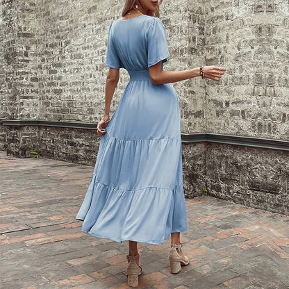 Solid A-Line Midi Dress with V-Neck, Shirred Waist, and Tiered Skirt