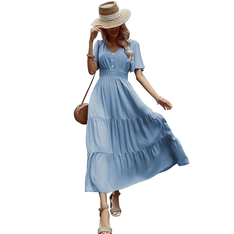 Solid A-Line Midi Dress with V-Neck, Shirred Waist, and Tiered Skirt