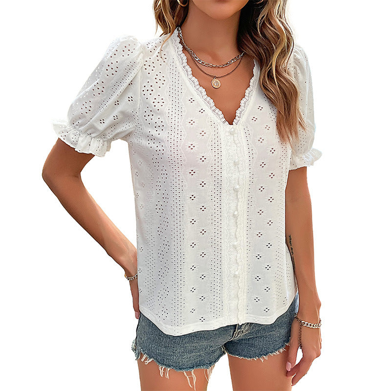 Solid Eyelet Blouse with V-Neck and Puff Sleeves