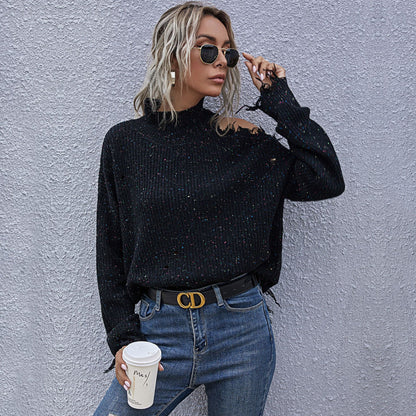 Loose Knit Pullover with Ripped Shoulder and Mock Neck