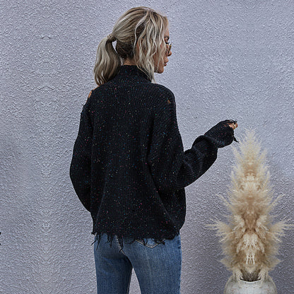 Loose Knit Pullover with Ripped Shoulder and Mock Neck