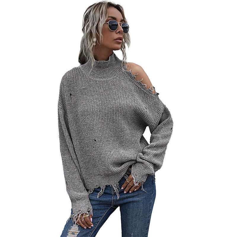 Loose Knit Pullover with Ripped Shoulder and Mock Neck