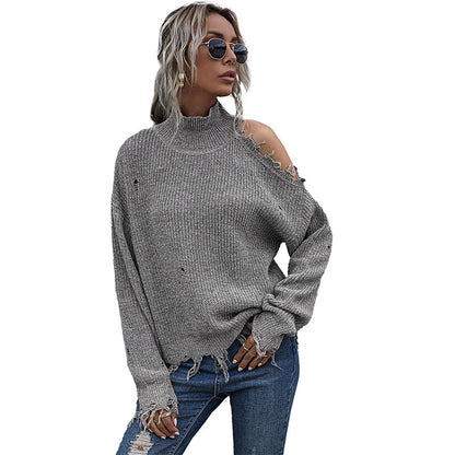 Loose Knit Pullover with Ripped Shoulder and Mock Neck