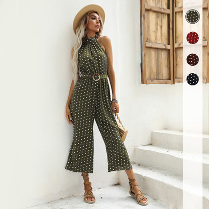 Polka Dot Halter Neck Wide-Leg Cropped Jumpsuit