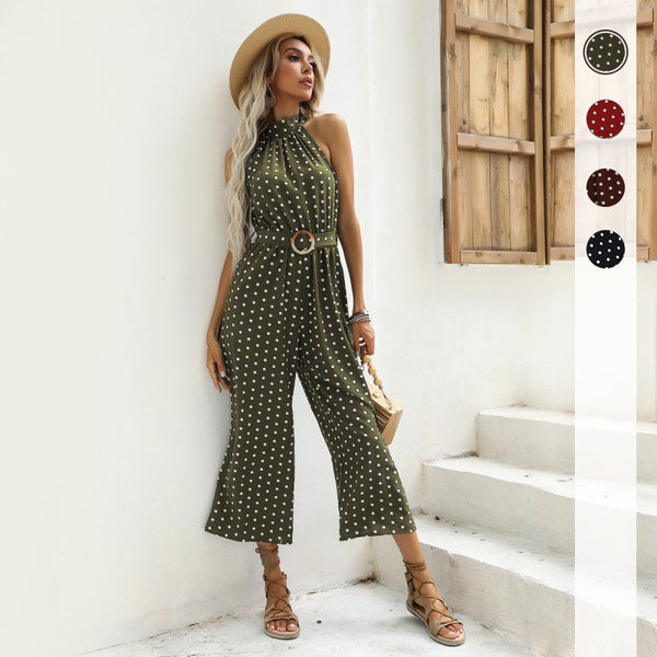 Polka Dot Halter Neck Wide-Leg Cropped Jumpsuit