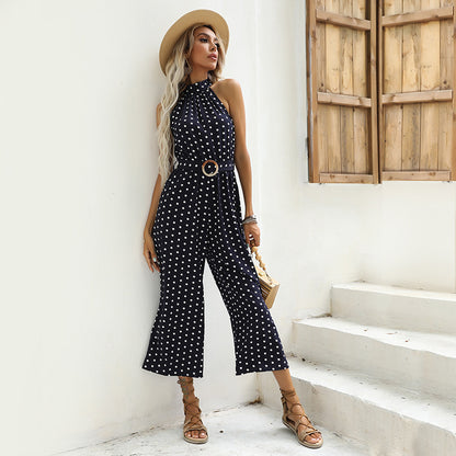 Polka Dot Halter Neck Wide-Leg Cropped Jumpsuit
