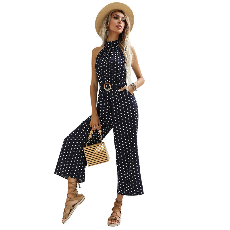 Polka Dot Halter Neck Wide-Leg Cropped Jumpsuit