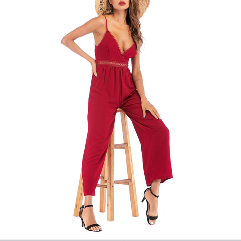 Solid Wide-Leg Jumpsuit with V-Neck and Lace Trim