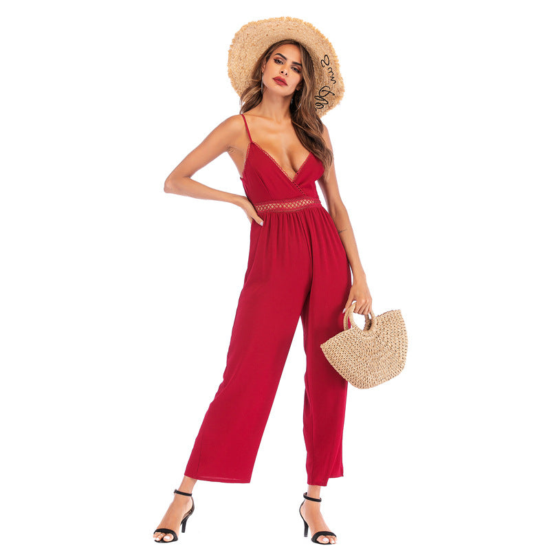 Solid Wide-Leg Jumpsuit with V-Neck and Lace Trim