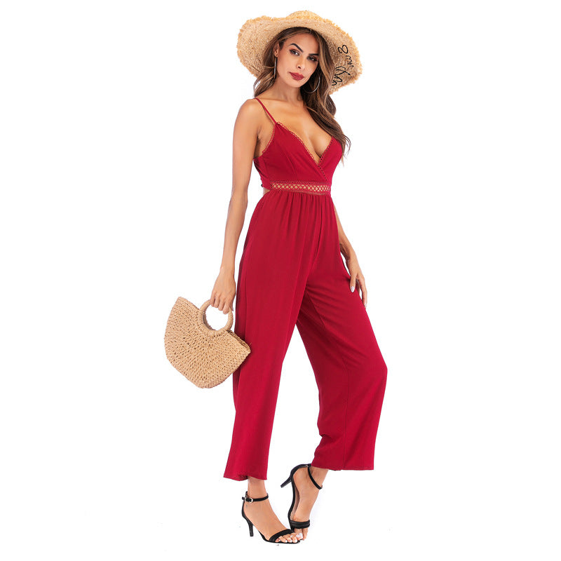 Solid Wide-Leg Jumpsuit with V-Neck and Lace Trim