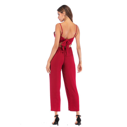 Solid Wide-Leg Jumpsuit with V-Neck and Lace Trim
