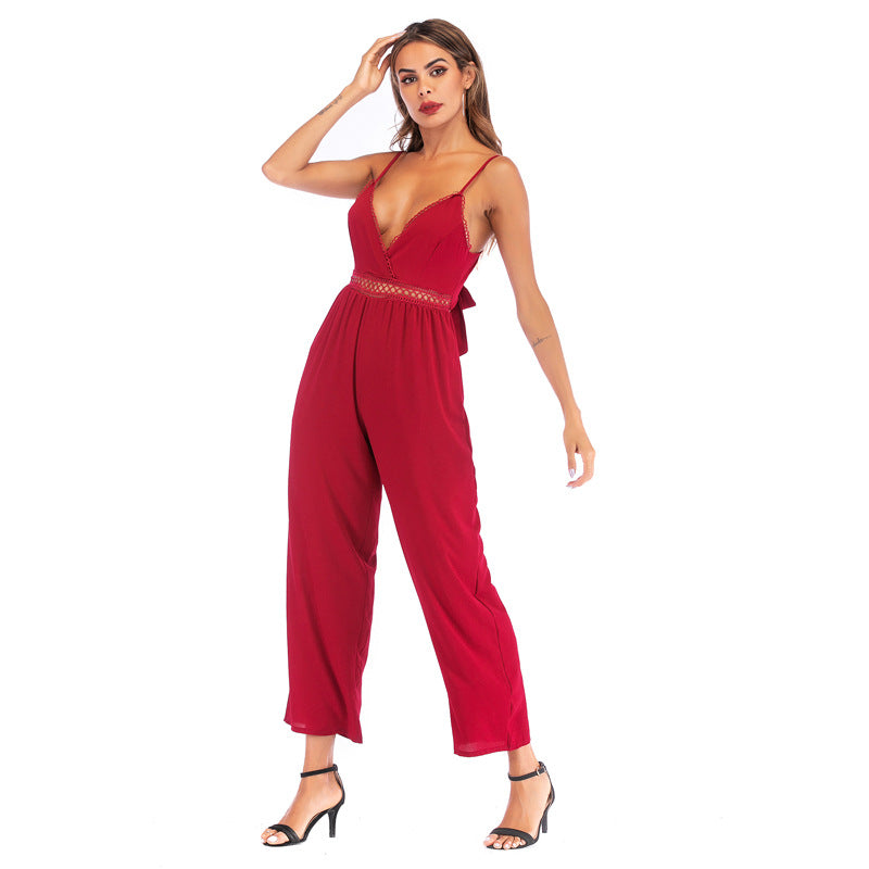 Solid Wide-Leg Jumpsuit with V-Neck and Lace Trim